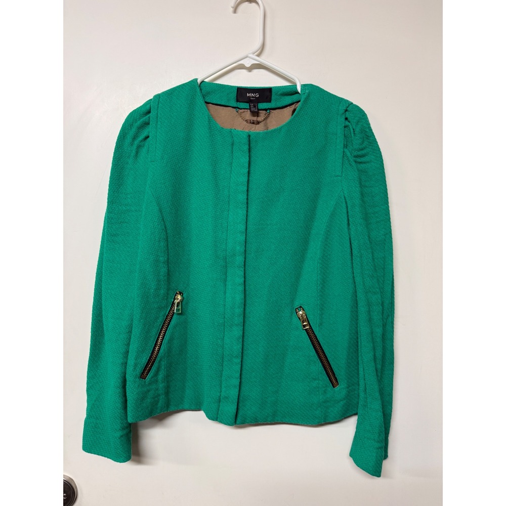 MNG Mango Green Textured Puff Shoulder Zip Up Jacket Womens Medium Ramie Cotton